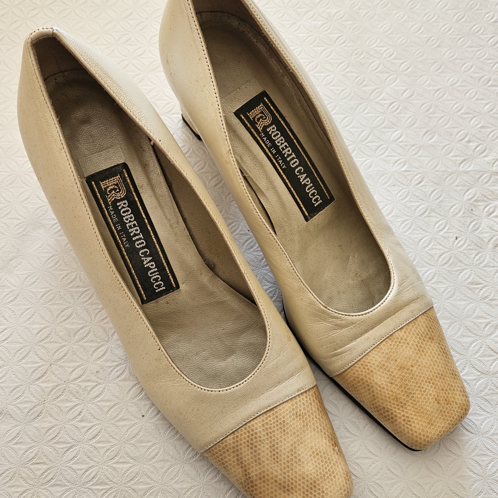 Vintage Ivory/Butter Italian Leather Square Toe Pump
